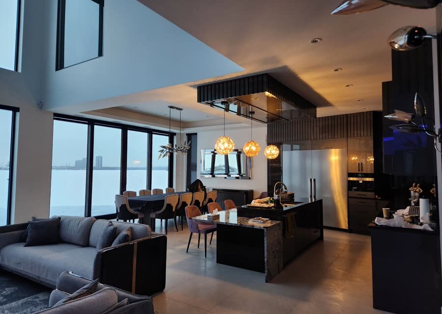 Waterfront living room with integrated audio