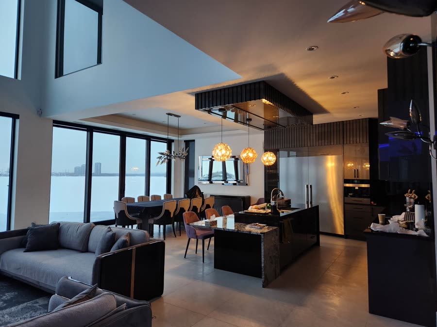 Waterfront living room with integrated audio